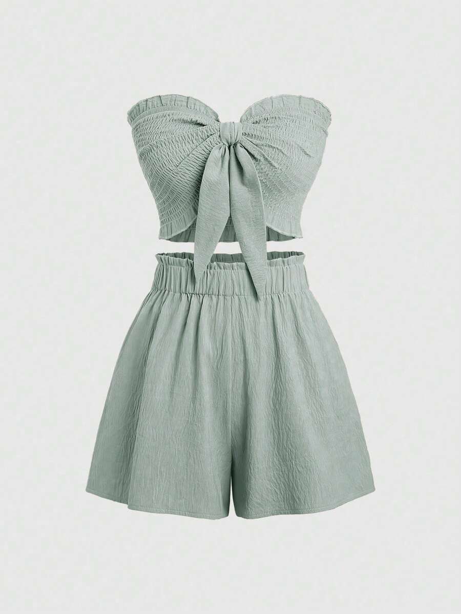 Sweetra Solid Color Strapless Crop Top And Shirred Shorts, Summer Slim Fit 2pcs/Set