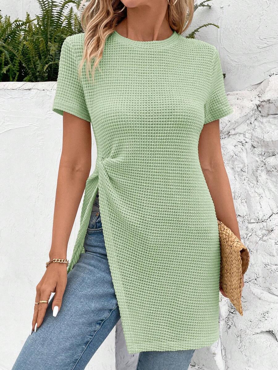 SHEIN LUNE Women's Summer Solid Color Casual Twist Twist Round Neck Texture T-Shirt With Split Hem