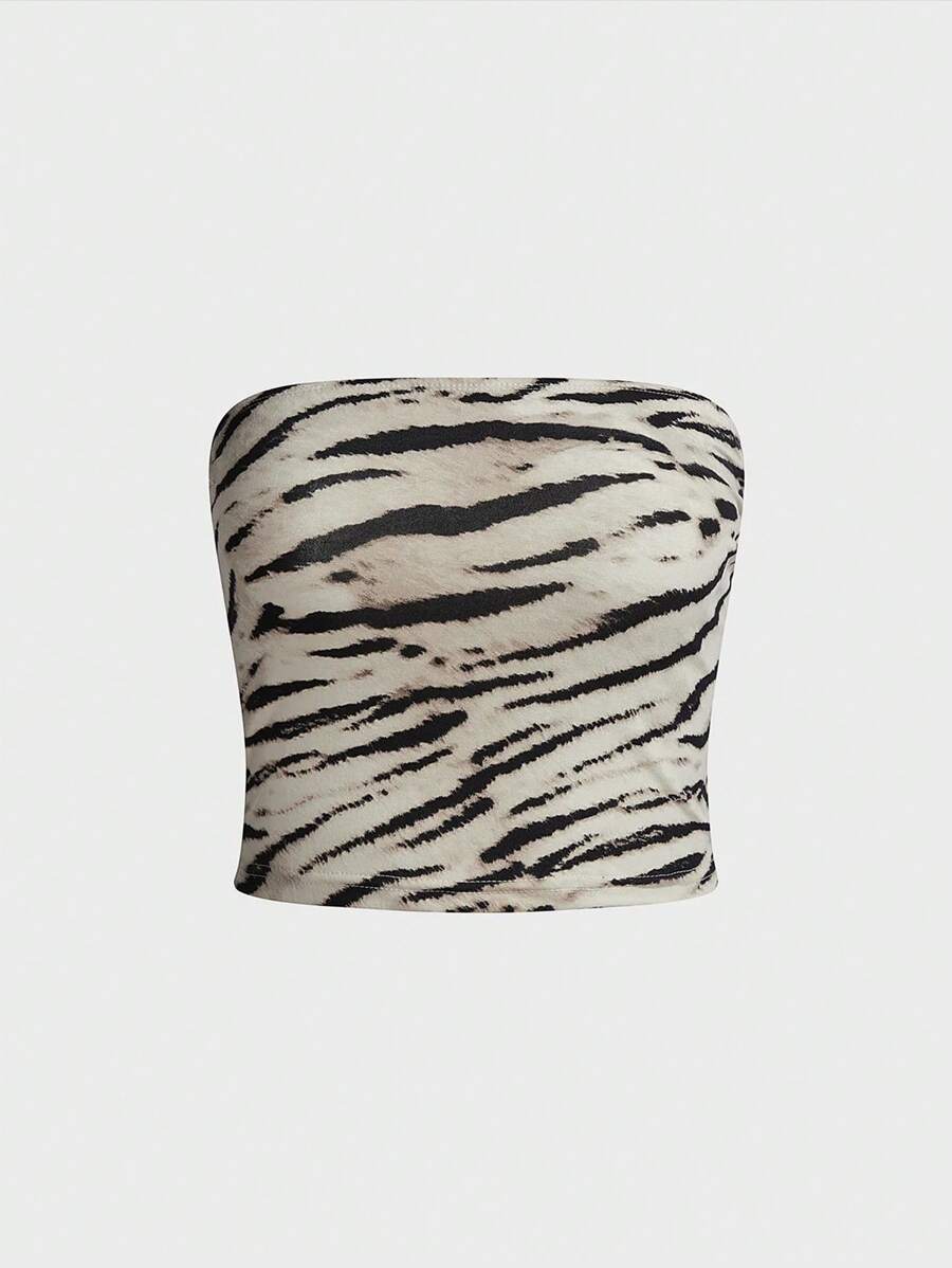 INAWLY Y2K Zebra Printed Short Tube Top, Strapless Regular Fit