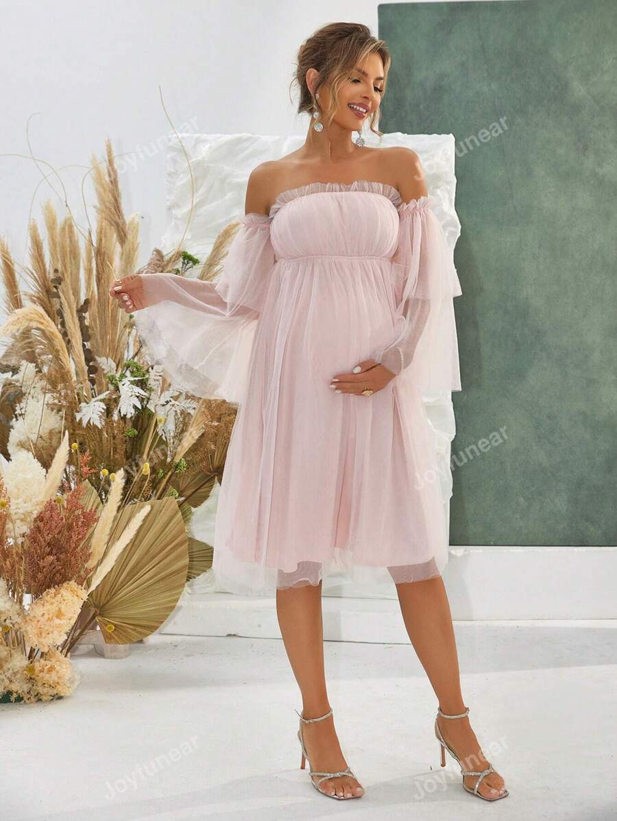 Joyfunear Elegant Maternity Off Shoulder Ruffle Sleeve Mesh Dress