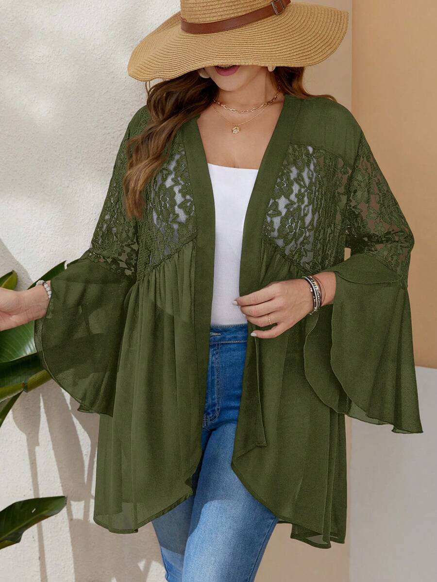EMERY ROSE Plus Size Women'S Summer Black Cardigan Chiffon And Lace Splice Ruffle Sleeve Top