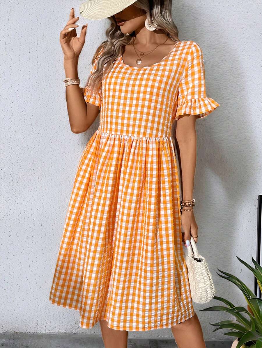 SHEIN LUNE Summer Fashionable & Casual Comfortable Loose-Fit Orange Plaid Women's Dress
