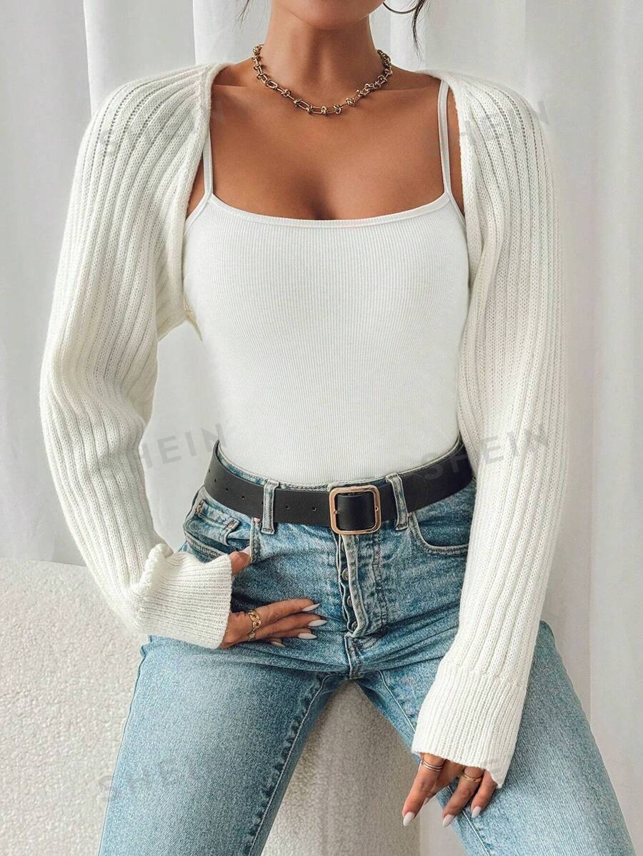 SHEIN Frenchy Encogimiento de hombros de manga raglán de punto acanalado para primavera y verano