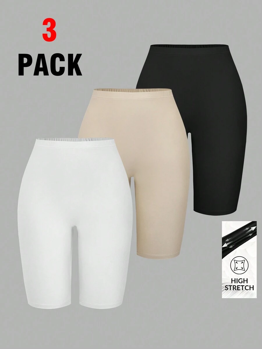 SHEIN EZwear Pantalones cortos de ciclista ajustados de talla grande para mujeres, de unicolor, con tela elástica y fresca, para verano, Día de la Madre, 3 piezas