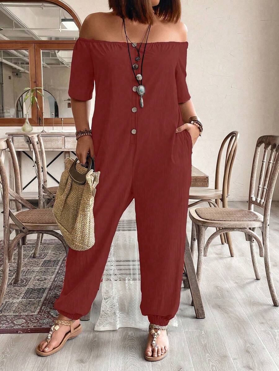 EMERY ROSE Plus off-shoulder jumpsuit met knopen aan de voorkant