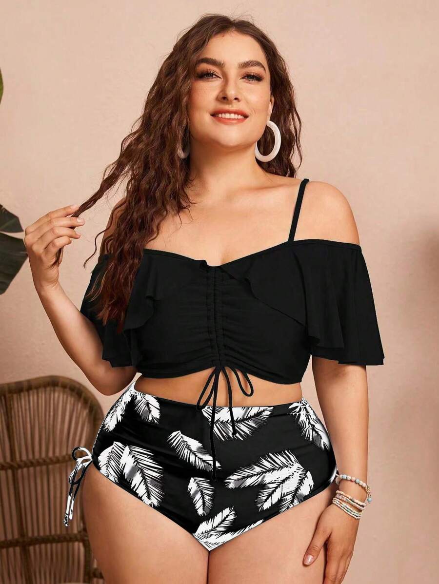 Swim Lushoire Plus Size Summer Beach Solid Color Spaghetti Straps Drawstring Top And Allover Print Triangle Bikini Bottom Set