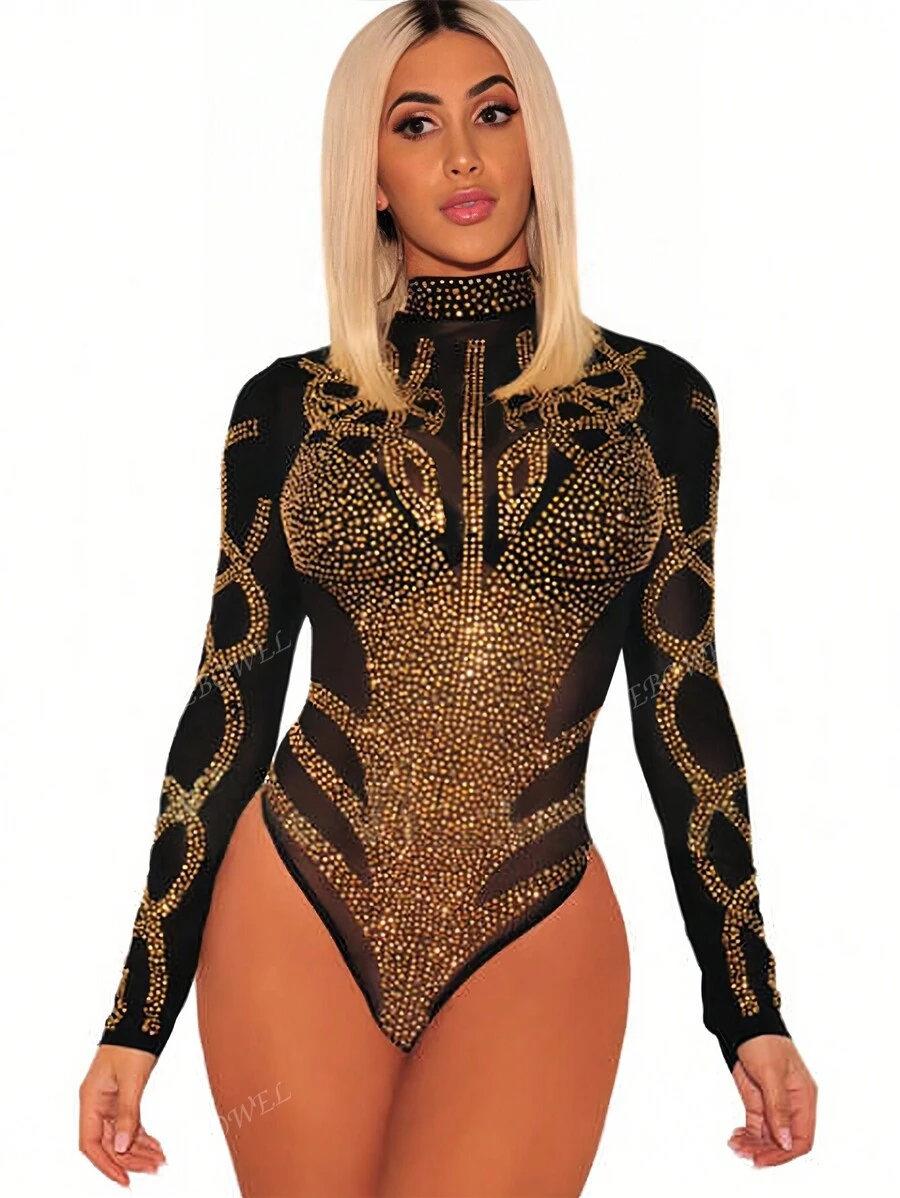 Golden Rhinestone Bodysuit Sexy Sheer Mesh Elegant Bodysuit Women Club Party