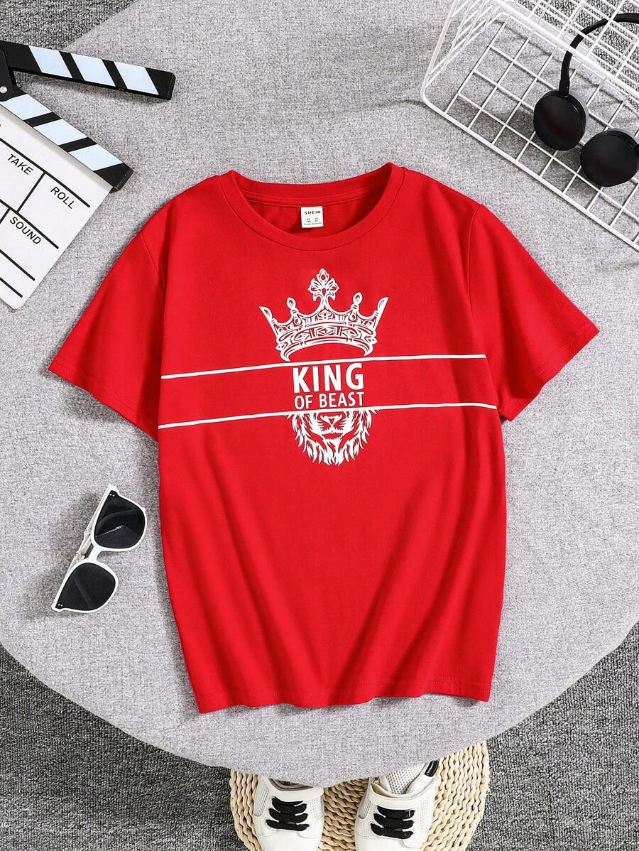SHEIN Tween Boys' Summer Crown And Letter Printed Short Sleeve Casual T-Shirt