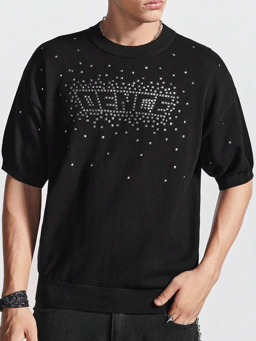 Manfinity EMRG Men's Short Sleeve Knitted Top With Simple Design And Rhinestone Decoration For Daily Wear