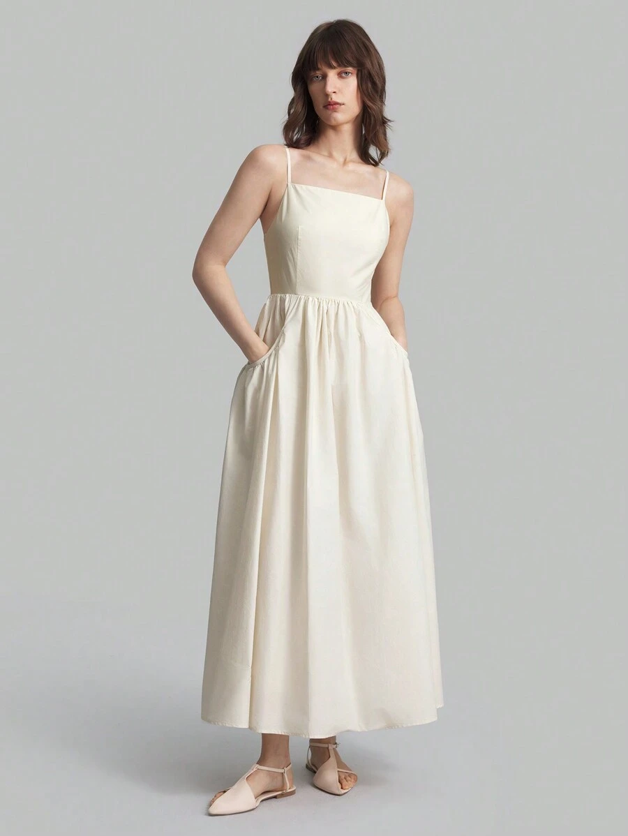 Ontre Women's Apricot Color Long Strap Cotton Dress, Autumn Dress For School & Casual Wear