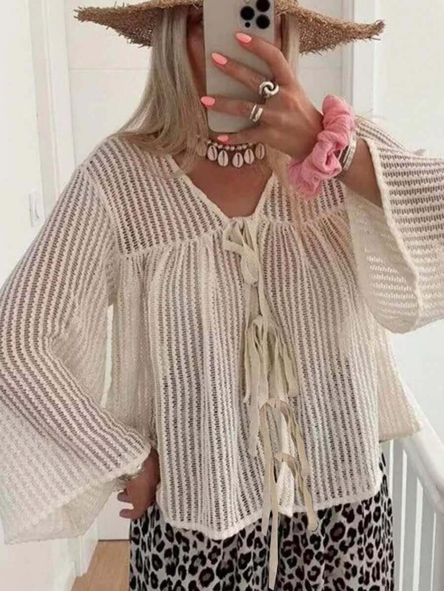 SHEIN Essnce Summer Women's Beige Crochet Hollow-Out Long Sleeve Top Summer Top Tie Front