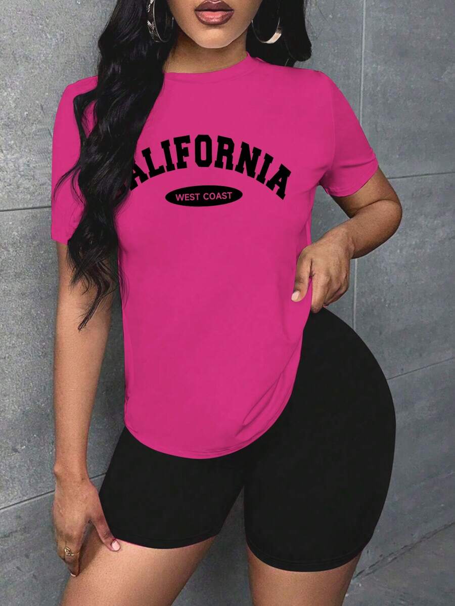 Women Letter Print Round Neck Drop Shoulder T-Shirt And Fashionable Versatile Shorts Casual Set, Summer