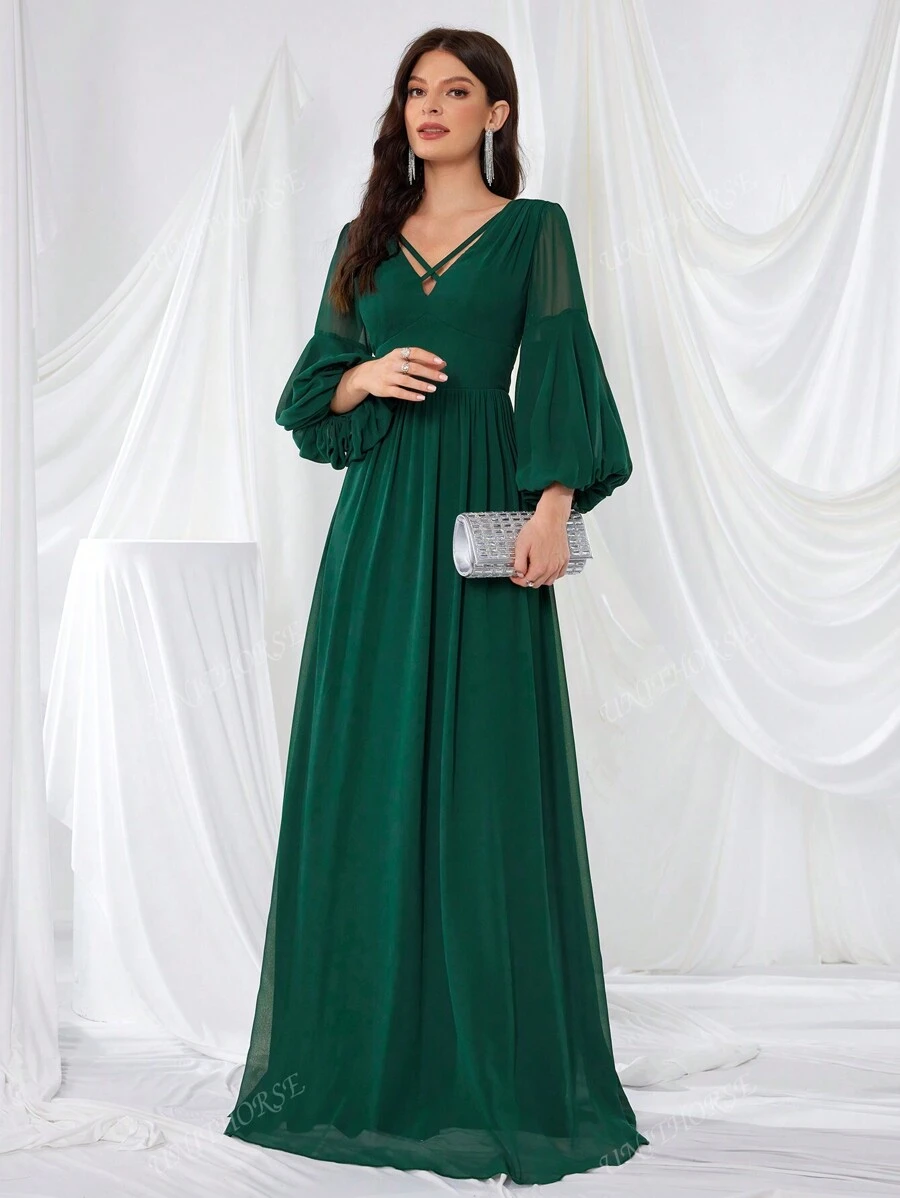 UNITHORSE Front And Back V-Neck Bell Sleeve Lantern Dress Formal Dress Bridesmaid Dress