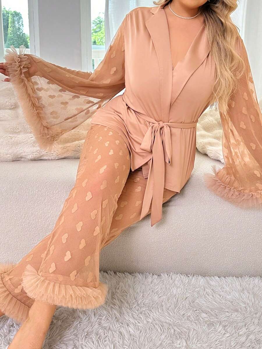 Conjunto de pijama de verano de talla grande con parte superior de manga ancha con cinturón y pantalones, con encaje 3D, malla acolchada con estampado de corazones