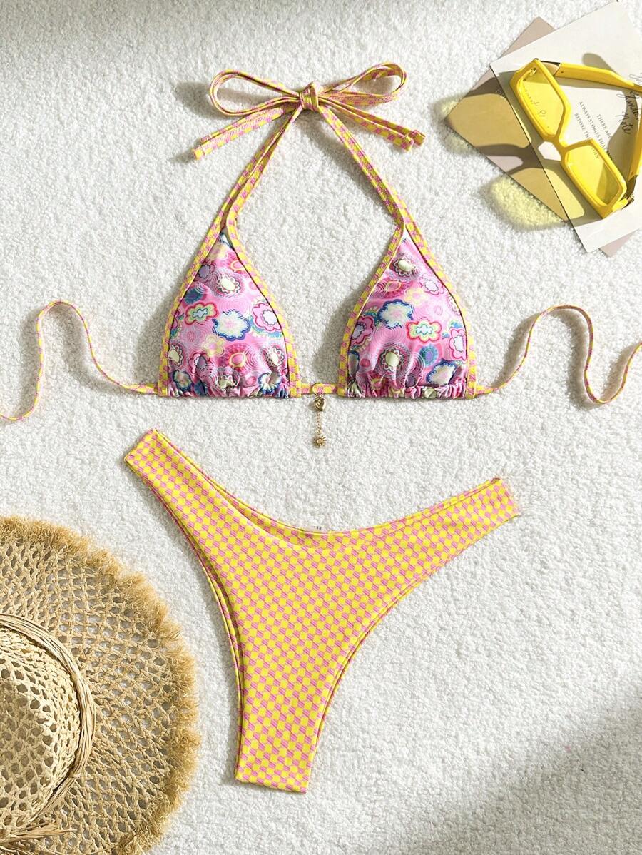 SHEIN Swim Halternek-bikinitikiniset met bloemenprint en sexy splitontwerp voor zomerse strandkleding