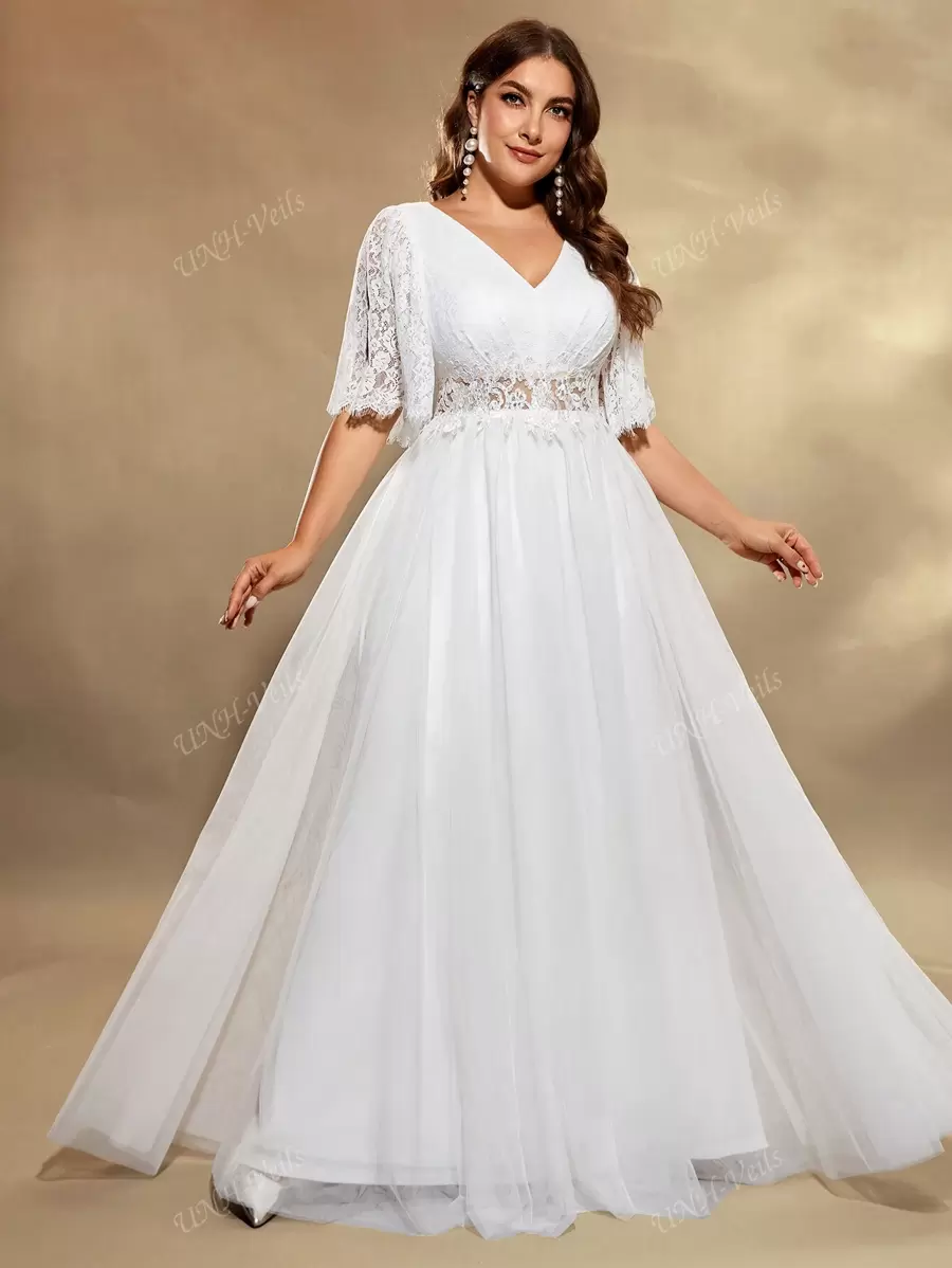 UNITHORSE Plus Size Women Elegant Romantic Lace Placement Floral Sheer Short Sleeve V Neck Embroidered White Mesh Wedding Dress ,Bride