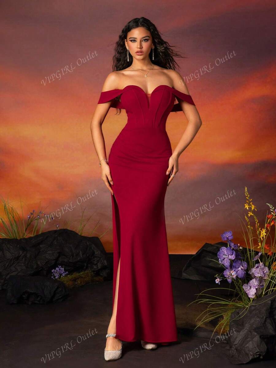 Burgundy Strapless Slit Elegant Bridesmaid Dress For Women