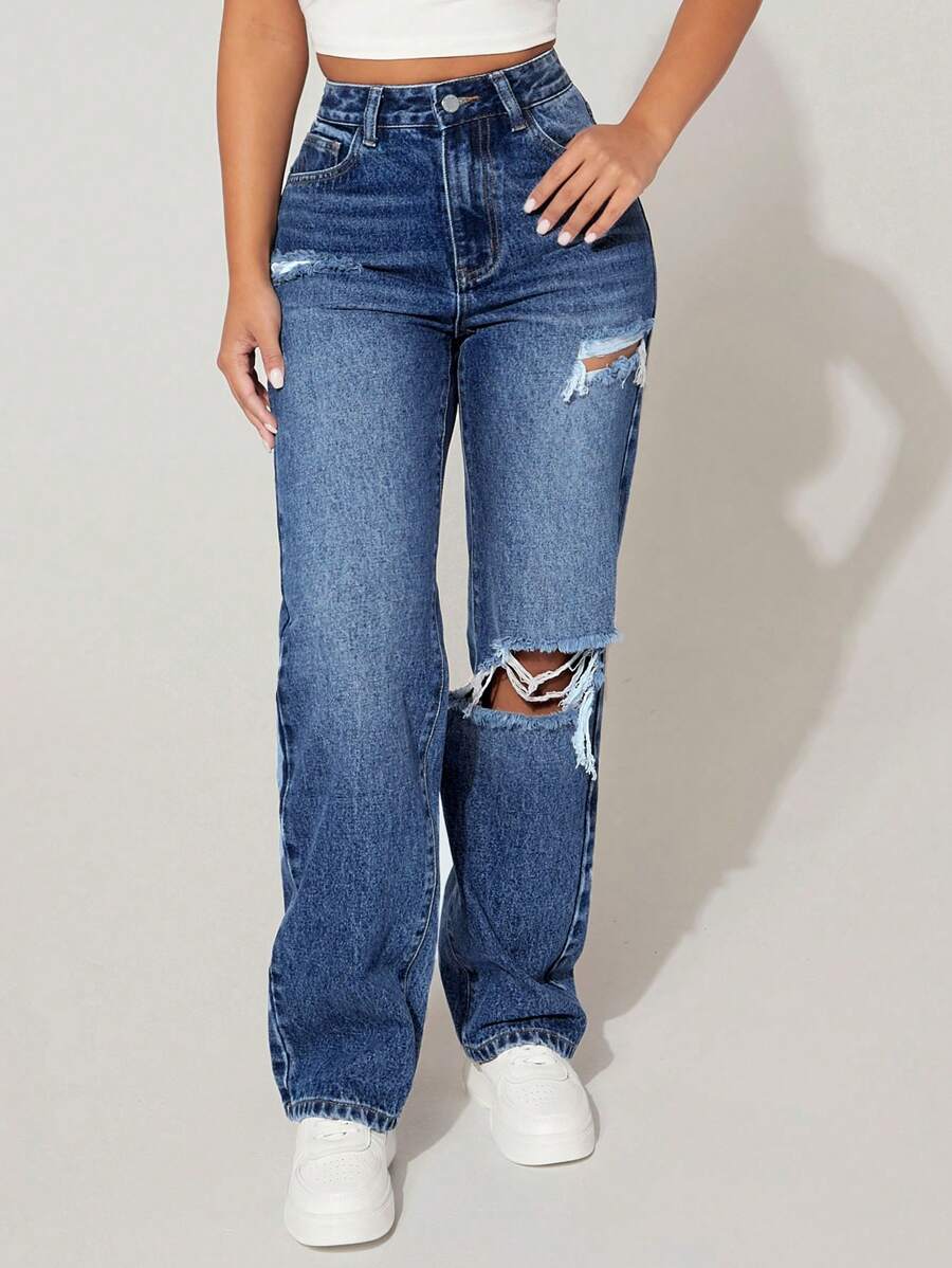 SHEIN PETITE High Waist Ripped Straight Leg Jeans For Dailywear
