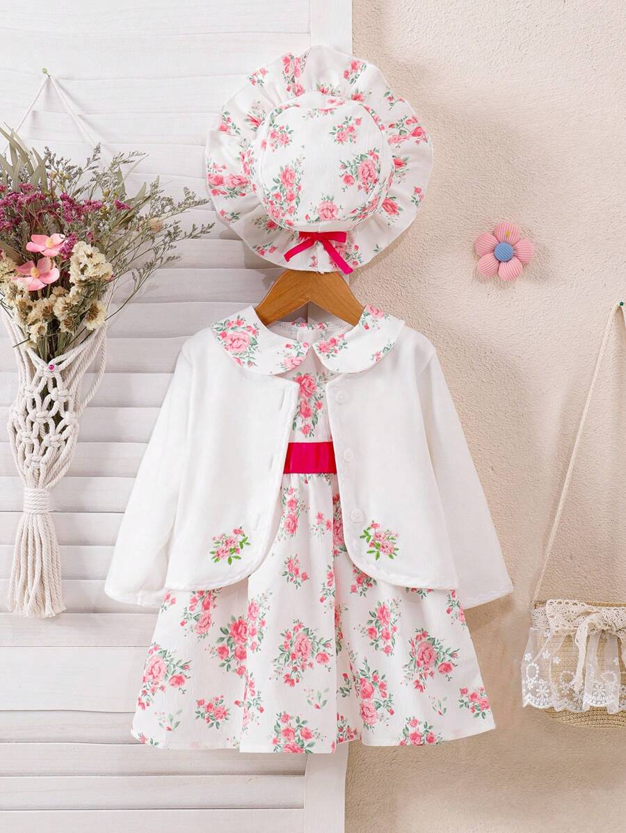 Conjunto de 3 piezas para niña bebé que incluye: chaqueta de manga larga con bordado de flores de encaje, vestido sin mangas con cuello Peter Pan, y gorro con lazo. Con cinturón, cierre con cremallera, estampado de hojas de plantas y volantes. Lindo, cómodo, elegante y casual. Nuevo lanzamiento para primavera, otoño e invierno.
