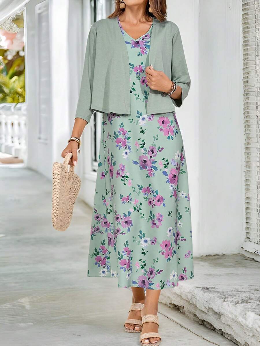 EMERY ROSE Teacher Clothes Spring Floral Dress Two-Piece Set For Women