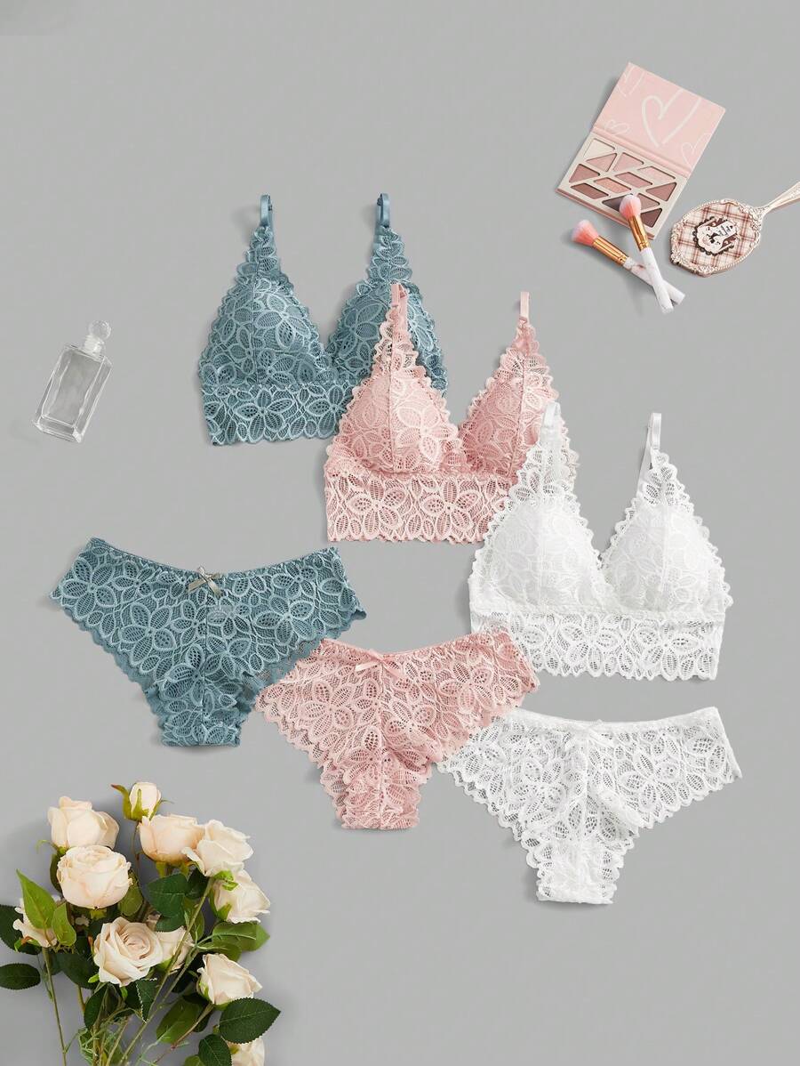 Snug Zone Ensemble de lingerie unicolore en dentelle pour soutien-gorge et culotte, 3 ensembles