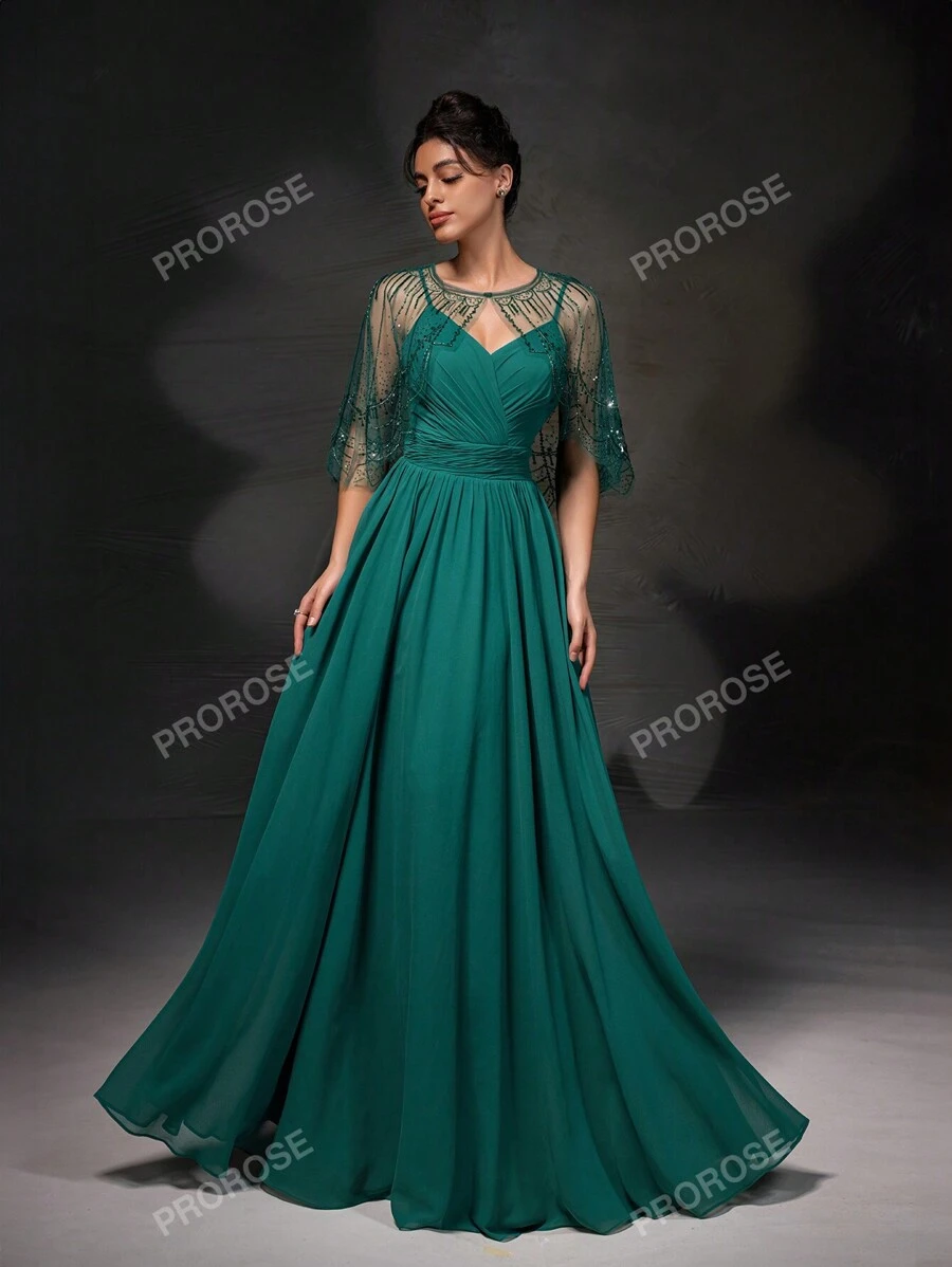 Nuovo arrivo Set Vestito da Festa con Vestito Senza Maniche a Mantella con Ricami in Pizzo Elegante