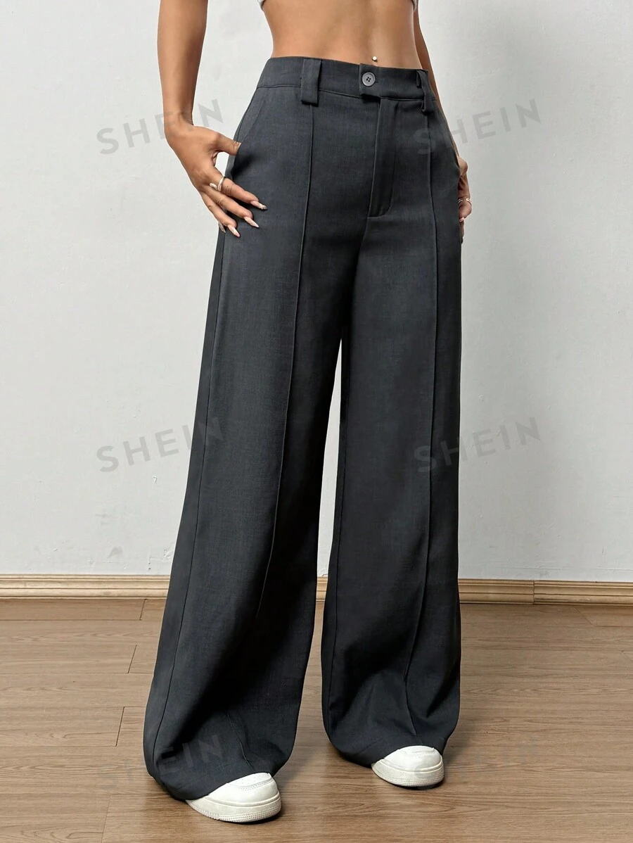 Flirla Pantalones casuales de mujer de talle alto y pierna recta en color gris, elegantes y versátiles para ir al trabajo