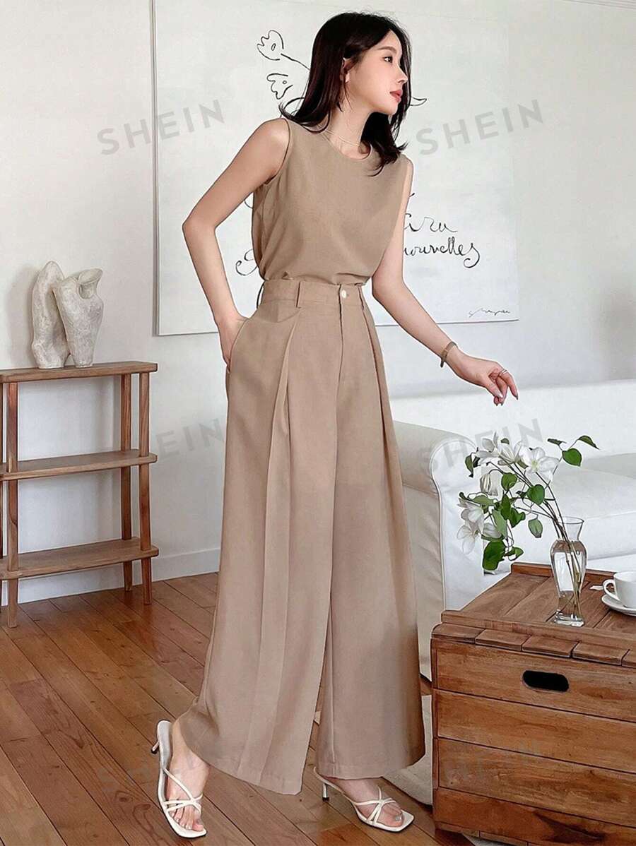 DAZY Conjunto de dos piezas de mujer con top sin mangas de un solo color y pantalones de pierna ancha para el verano
