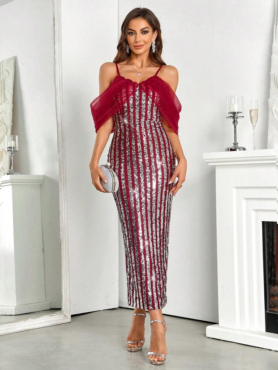 SHEIN Belle Burgundy Red Cold Shoulder Contrast Mesh Sequin Bridesmaid Dress