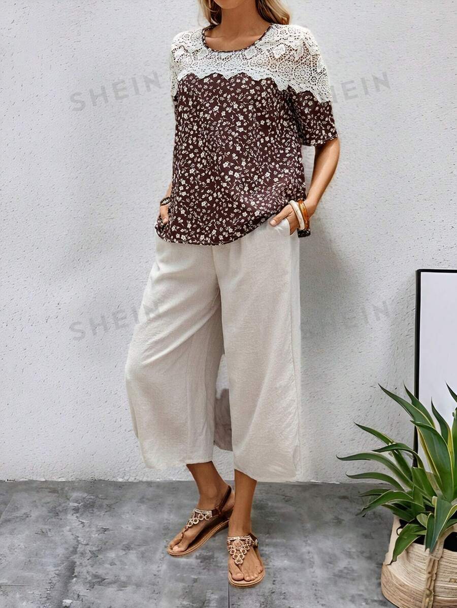 EMERY ROSE Conjunto de dos piezas para mujer de verano casual con parte superior de manga corta con encaje de flores dispersas y cuello redondo empalmada, y pantalón largo sólido con bolsillos
