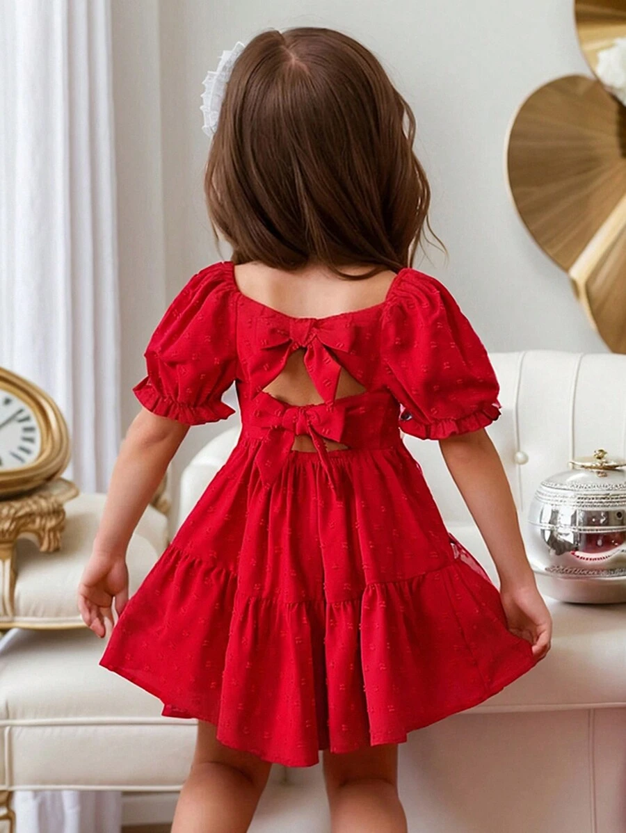 Young Girl Casual Short-Sleeved Woven Solid Color Square Neckline Dress For Daily Wear