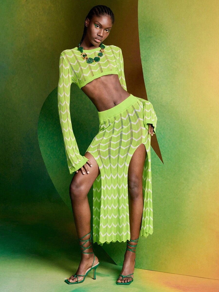 Alice McCall Chevron Pattern Split Thigh Knit Sweater Skirt Designer, Festival