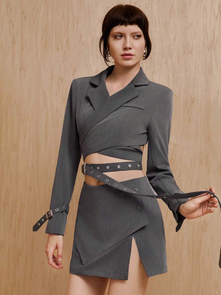 MONSE Mathilde Lhomme Designer Business Lässig Gekreuzter Schlips und Blazer mit offenem Rücken, für Feiertage, Urlaub, Ausgehen, Frühling, Festivals, Ibiza-Passform, Büro