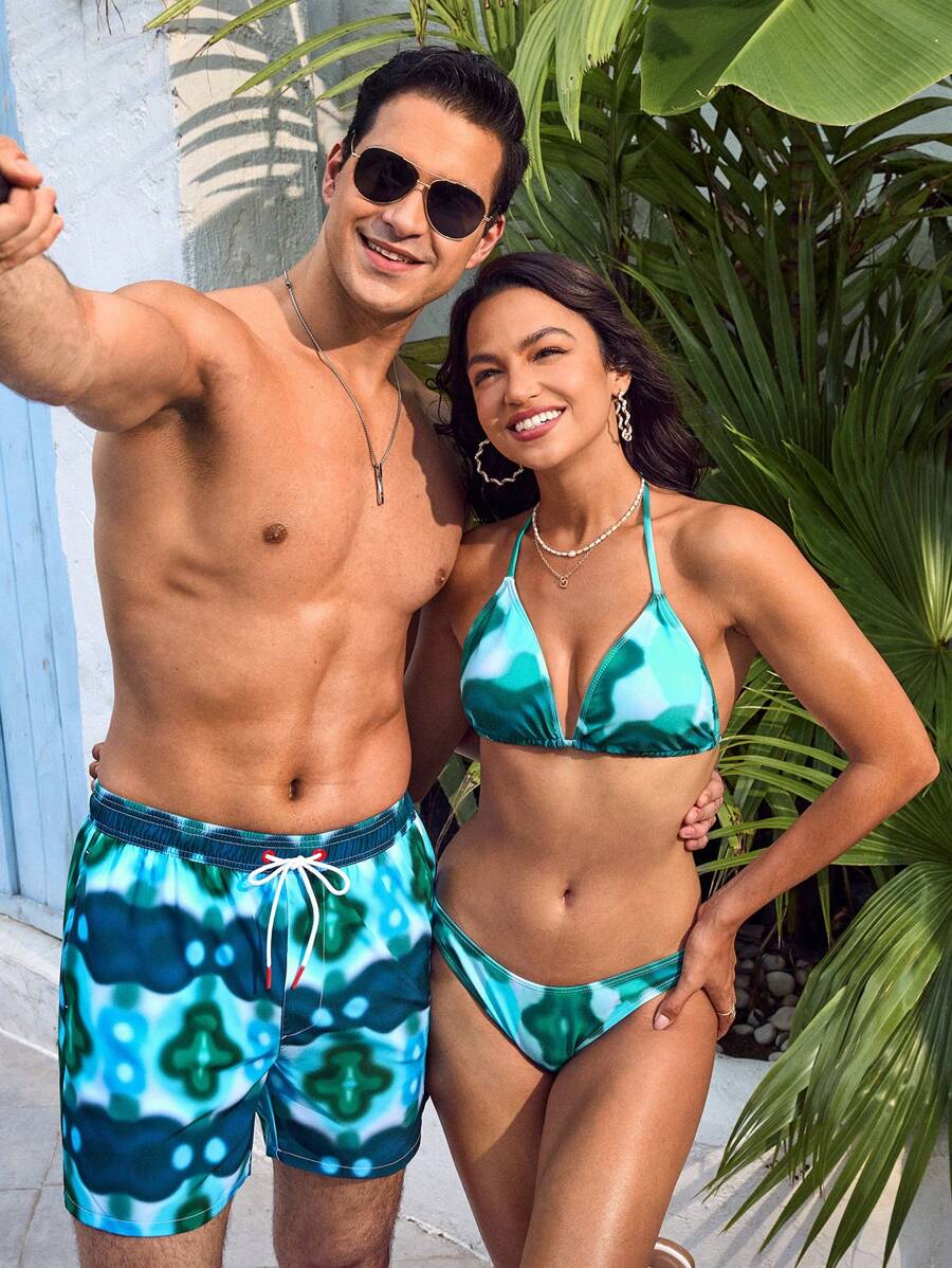 Manfinity Pantalones cortos de playa y baño para hombres con estampado de tie-dye y cintura con cordón ajustable para vacaciones