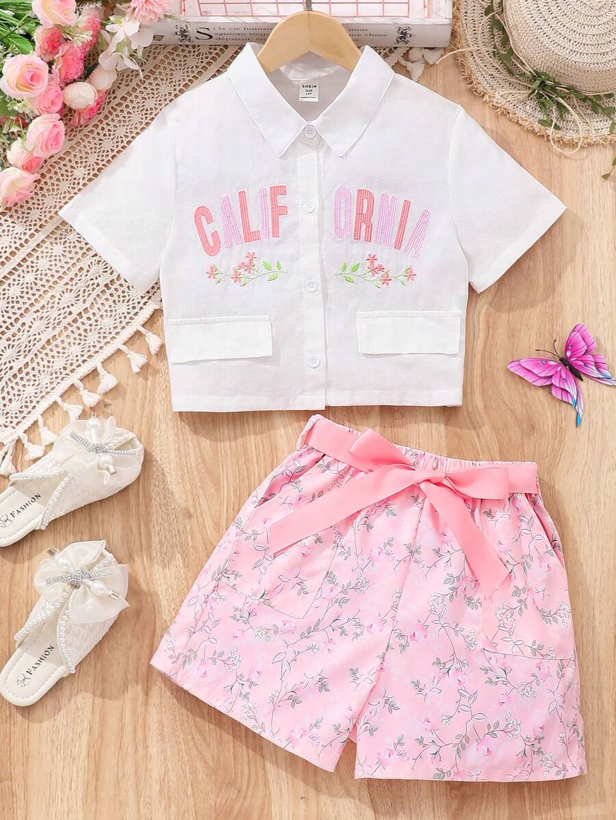 SHEIN Set de ținute cu top brodat și pantaloni scurți imprimați pentru fete adolescente