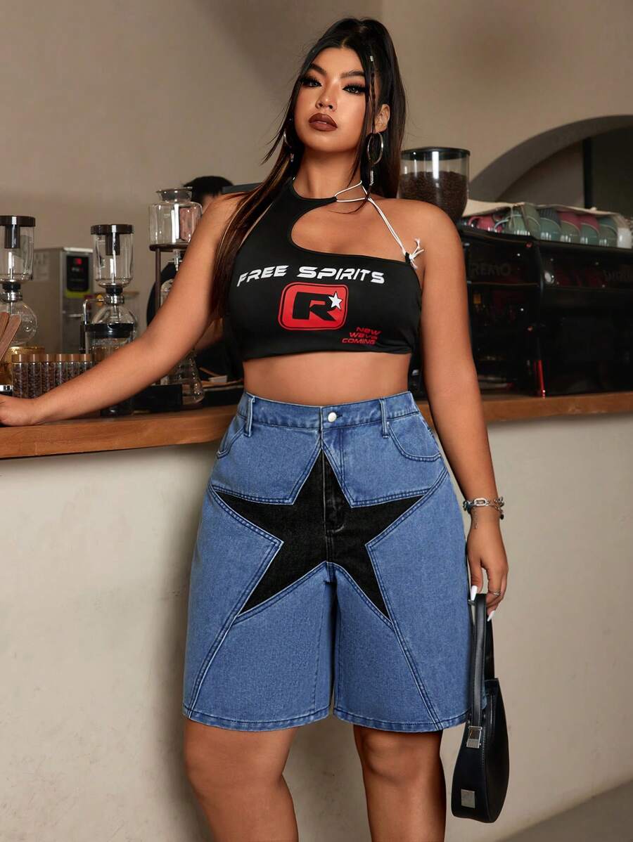 SHEIN ICON Shorts de mezclilla con estampado de estrellas en tamaño grande