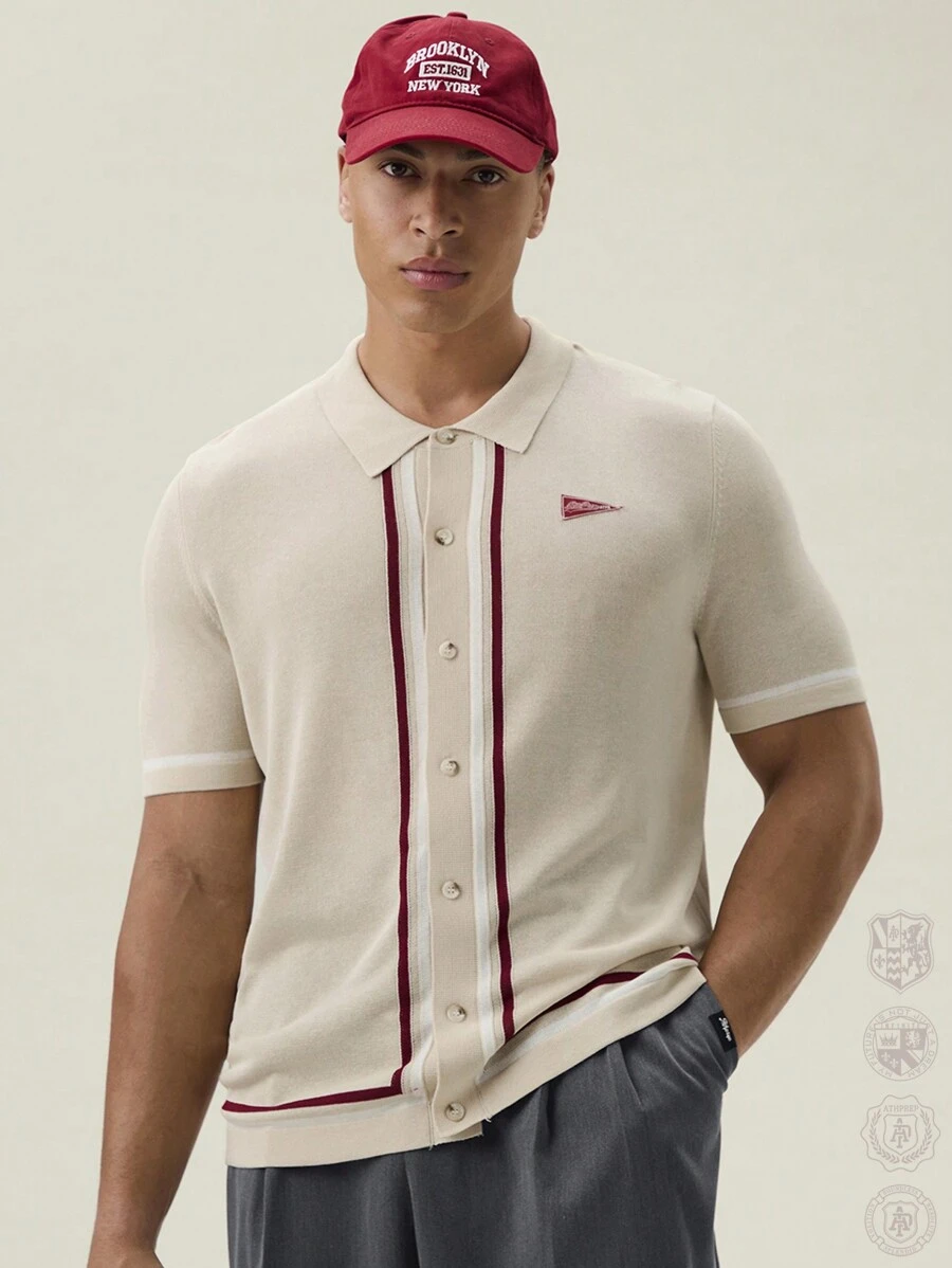 Manfinity VCAY Men Letter Embroidery Striped Trim Knit Top,Back To School