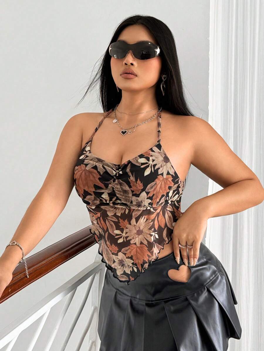 SHEIN ICON Plus Size Vintage Plant & Floral Mesh Print Triangle Scarf Hem Pleated Camisole Neck-Hanging Camisole