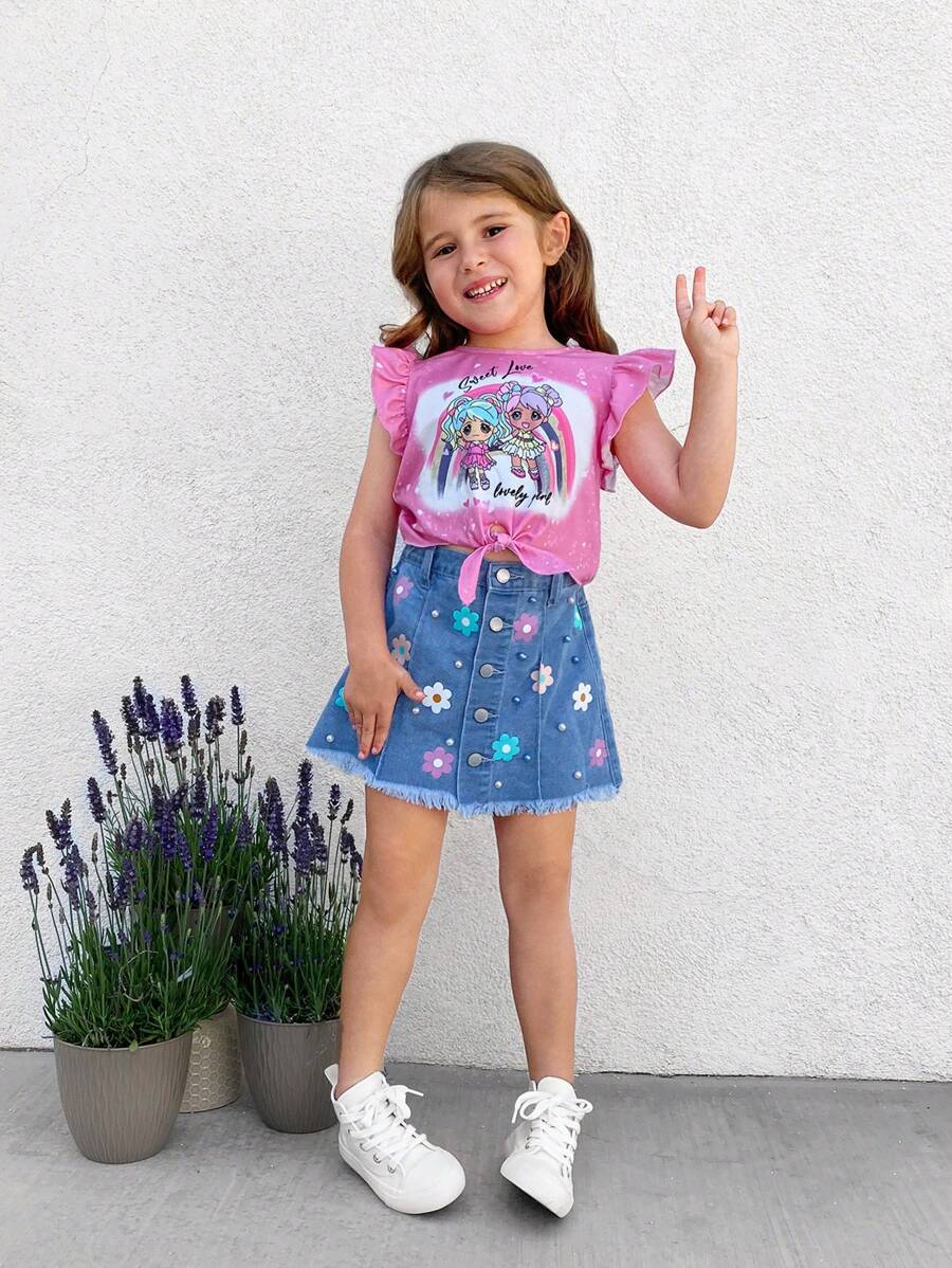 SHEIN Kleine Mädchen Denim Rock mit Muster, Nieten und gewaschenem Effekt, ideal für einen süßen und verspielten Urlaubslook