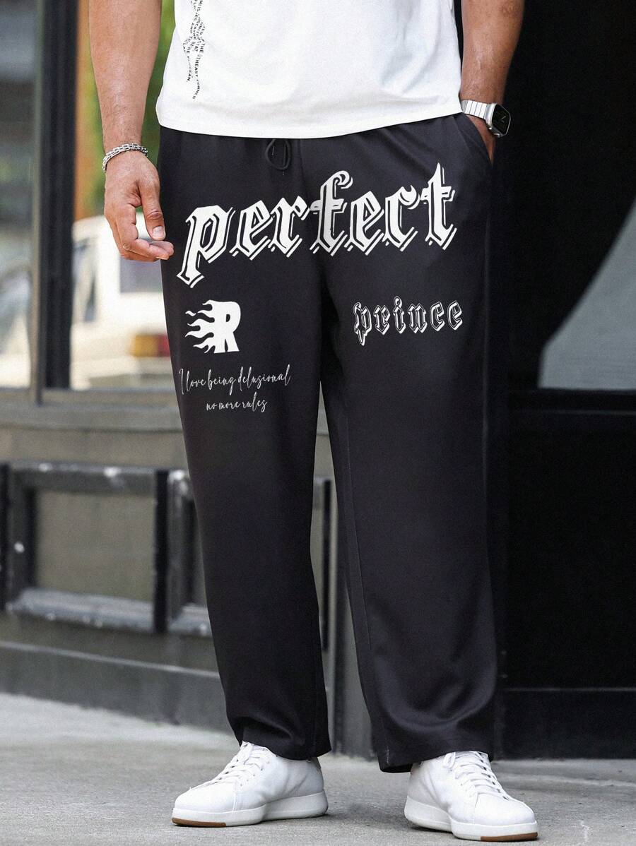 Manfinity LEGND Men's Plus Size Drawstring Waist Letter & Dragon Printed Straight Leg Casual Sweatpants