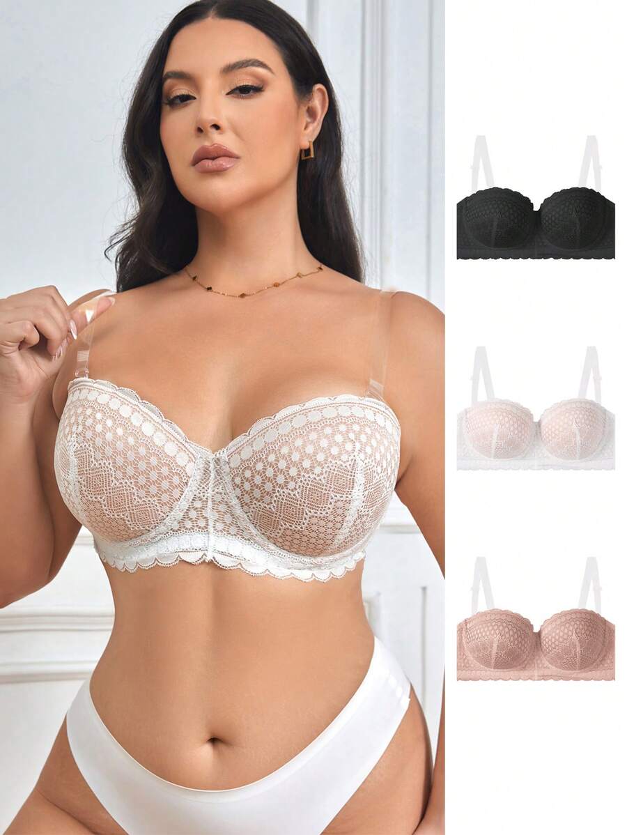 DesireSculpt 3pcs/Set Plus Size Lace Bra With Underwire For Women, Lingerie