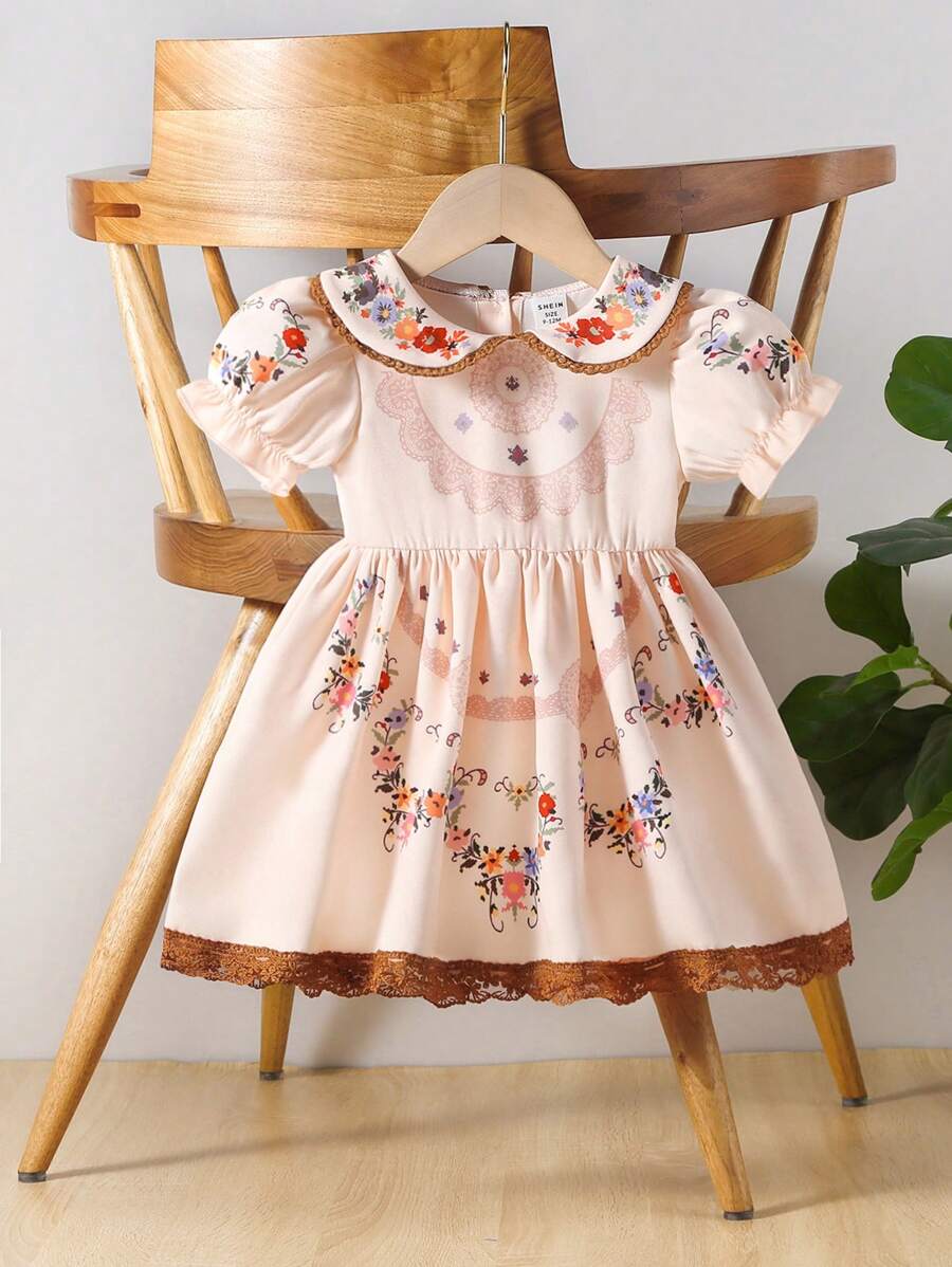 Baby Girls' Vintage French Lady Style Dress For Spring And Summer, With Lace, Printed Flowers, Peter Pan Collar, Short Puff Sleeves And Puffy Hemline