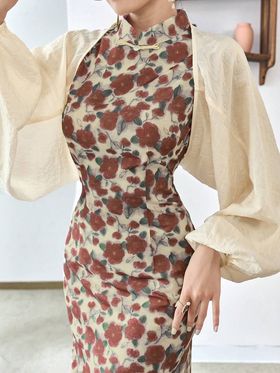 Modelyn Top boléro unicolore et ensemble Cheongsam avec imprimé floral Hanfu, ensemble Hanfu