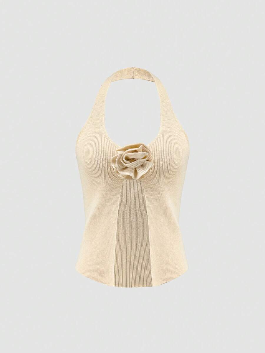 Flirla Lace Up Front Halter Knit Top For Summer