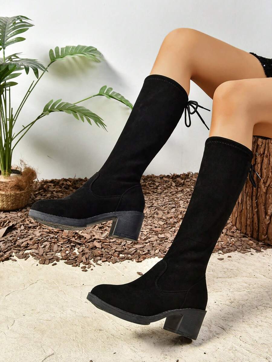 Ladies' Black Chunky Heel Mid-Calf Boots, Elastic Slimming High Heeled Mid-Calf Boots