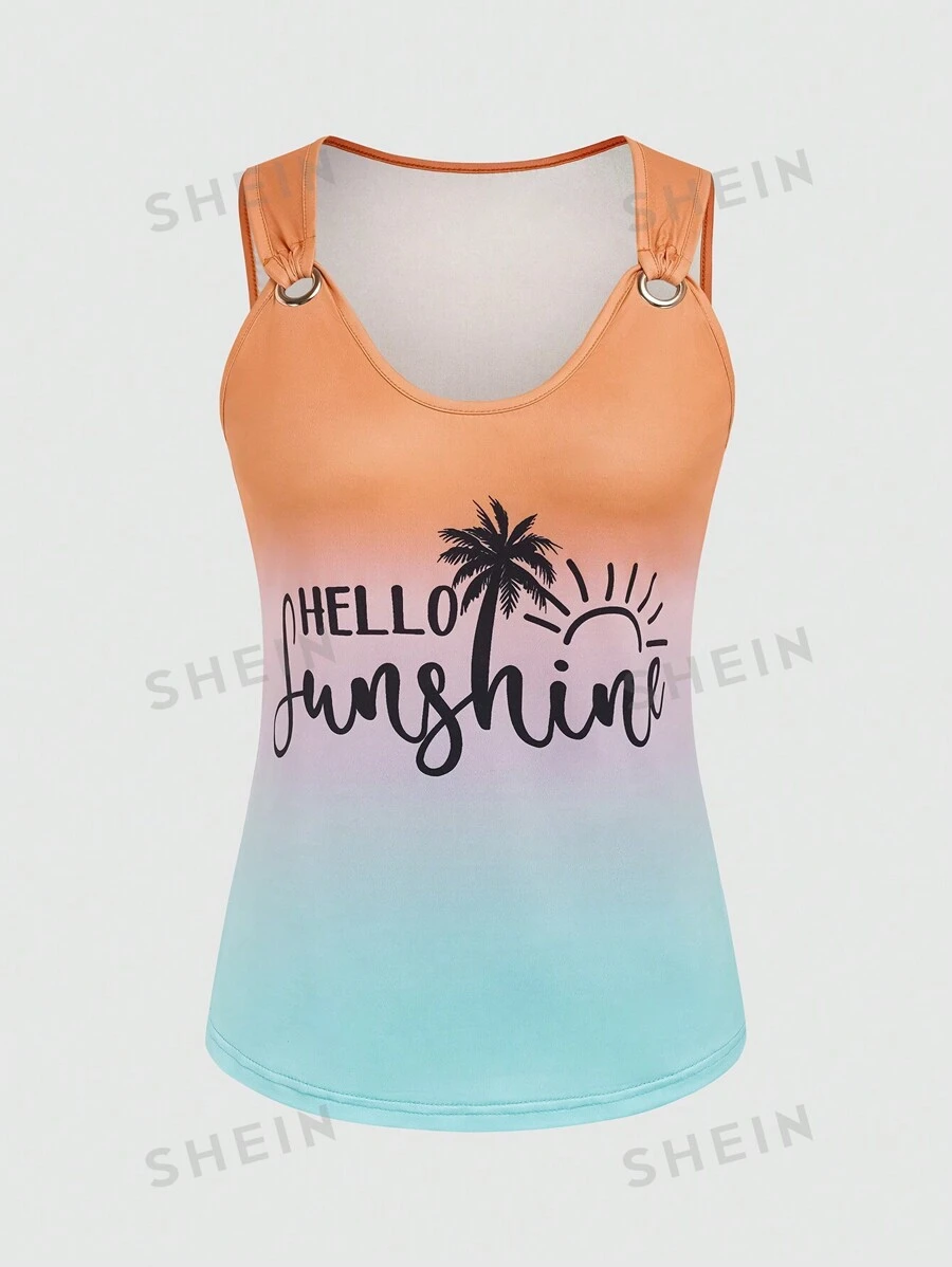 SHEIN LUNE Blusa sin mangas hueca con estampado degradado con letras del alfabeto para mujer en verano