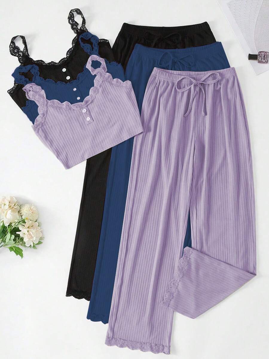 Set de 3 Conjuntos de pijama y ropa de descanso para mujer con top de tirantes de encaje y pantalones, para vacaciones