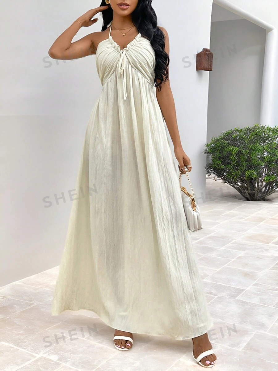Firerie Vestido elegante de espalda descubierta para mujer con lazo en el cuello, perfecto para fiestas en la playa y vacaciones