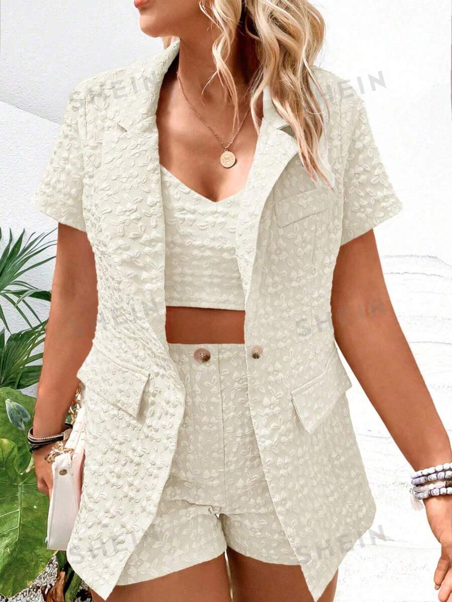 Celure Traje de chaleco y pantalones cortos de manga corta sólido de jacquard casual de verano en talla grande