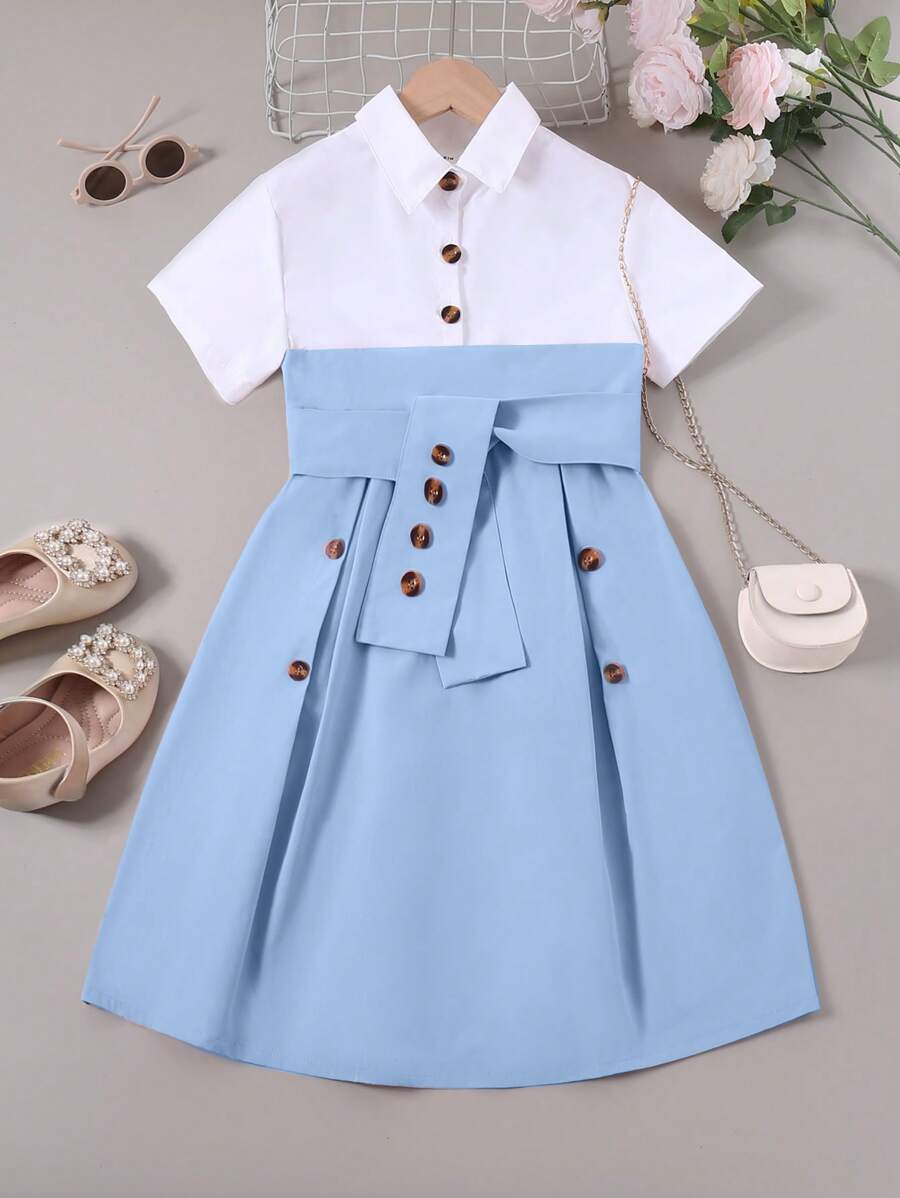 Vestido de camisa de cinto com botões de duas cores para meninas adolescentes para o verão
